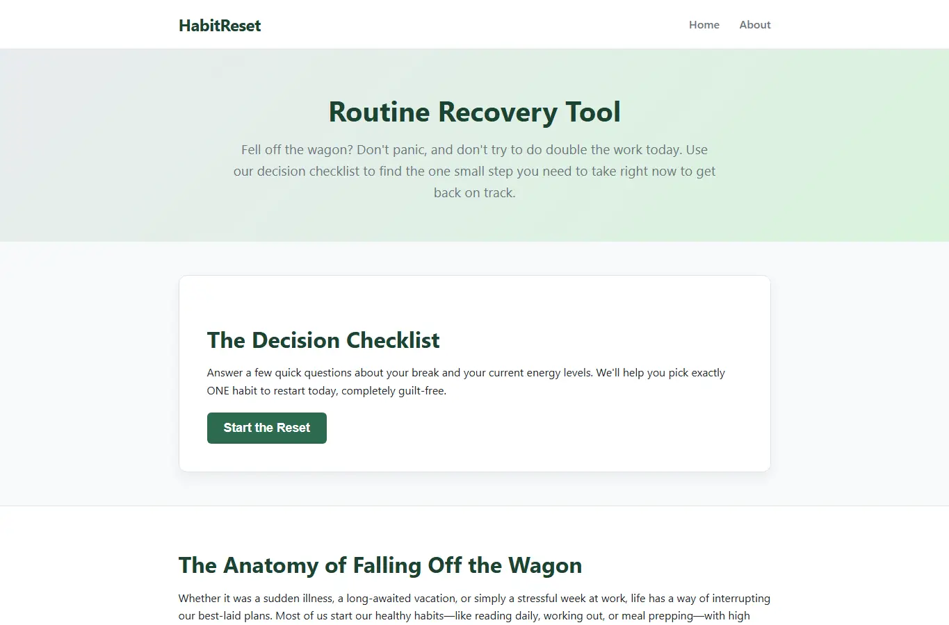 Screenshot of HabitReset: Routine Recovery Tool interface showing the project page in use